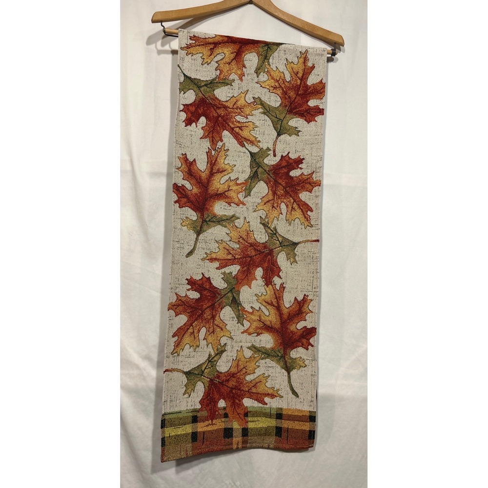 Autumn Woven Tapestry Table Runner Fall Leaves Plaid Border Harvest 13" x 72"